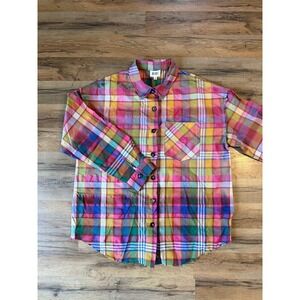 BIBI Multi Color Plaid Button Down Distressed Raw Edge Oversized Grunge
